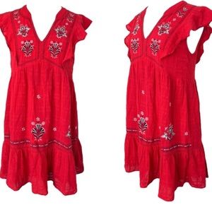Red Floral Embroidered
Sleeve Boho Babydoll Dress